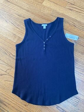 TRIBAL Navy Ribbed Henley Tank Top, Sz M, NWT